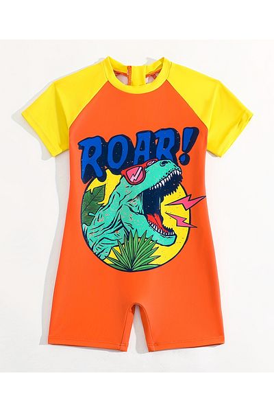SAPS Dino Graphic Short Sleeves Legged Swimsuit - Orange/Yellow