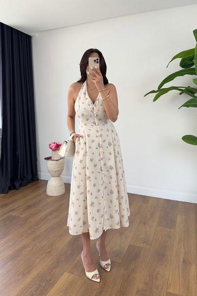 BİRCANÇİL Aden Ecru Floral Patterned Lined Dress with Neck Tie Detail