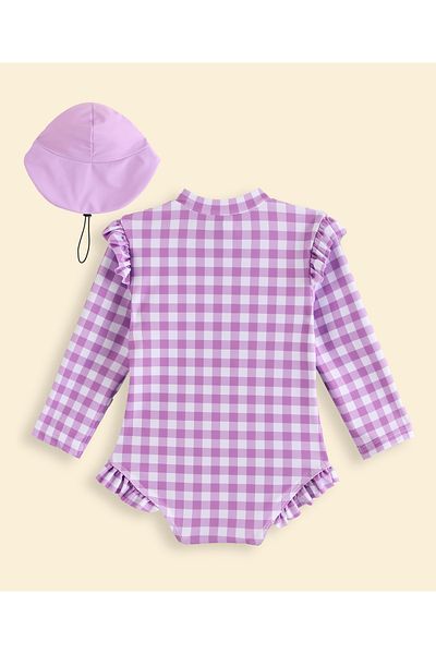 SAPS Checkered Full Sleeves V Cut Swimsuit With Cap - Purple