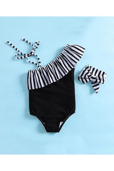 SAPS Striped Sleeveless V Cut Swimsuit With Headband - Black/White