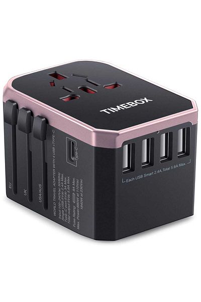 Timebox Adaptor încărcător universal de călătorie, 4 x USB, 1 x Tip-C pentru SUA, Marea Britanie, UE, Australia, Asia, Auriu roz