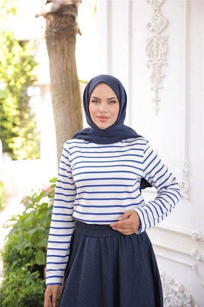 Bwest O Neck Horizontal Stripes Long Sleeve Short Slit Short Tunic - (38-46) - 71296 - Saks