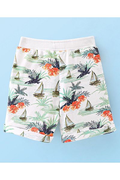 Babyhug Cotton Looper Knit Ship Printed Shorts - White