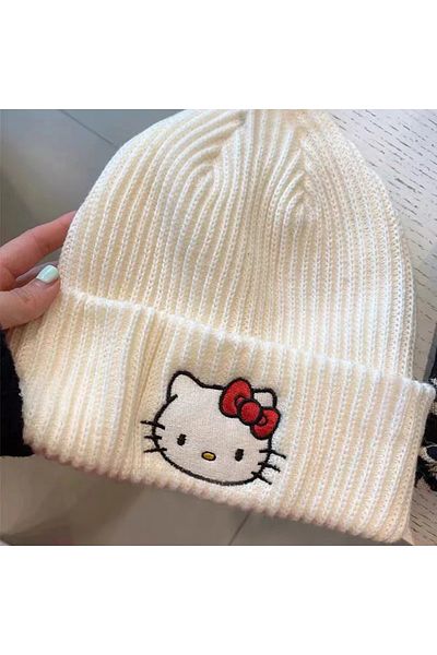 Miniso Kitty white Kawaii Saniro Hello Kitty Winter Knitted Cap Cartoon Kt Cat Wool Embroidery Knitted Cap