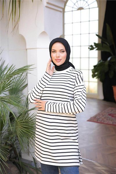 Bwest O Neck Horizontal Stripes Long Sleeve Short Slit Tunic - (38-46) - 71295 - Black