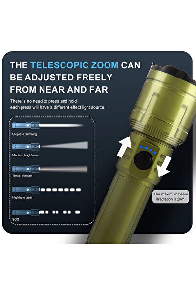 Choice green New 3000 lumen outdoor zoom rechargeable flashlight, all-aluminum alloy, can light up the flam