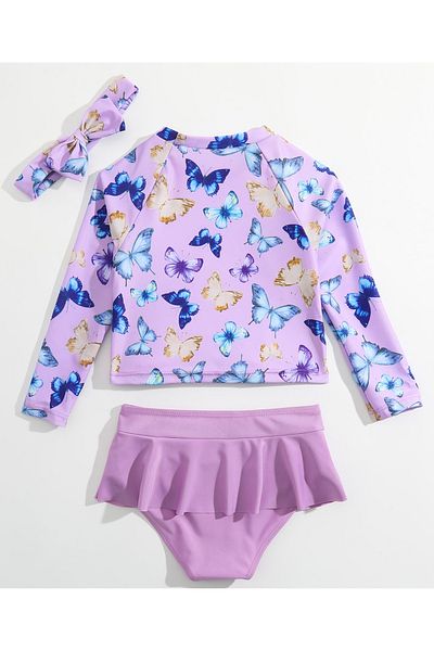 SAPS Butterfly Printed Two Piece Swimsuit With Matching Headband - Purple