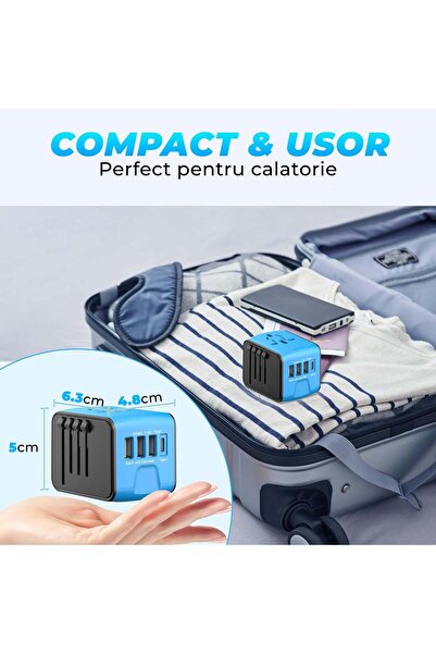 Timebox Adaptor încărcător universal de călătorie, 4 x USB, 1 x Tip-C pentru SUA, Marea Britanie, UE, Australia, Asia, Albastru