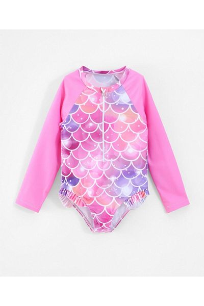 SAPS Scales Printed Quick Drying Frilled Full Sleeves V Cut Swimsuit - Pink