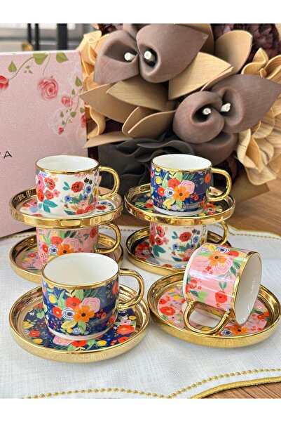 MD MİMOZA DEKOR Kosova Türk Kahve Fincanı Flowers 6 Kişilik 12 Parça