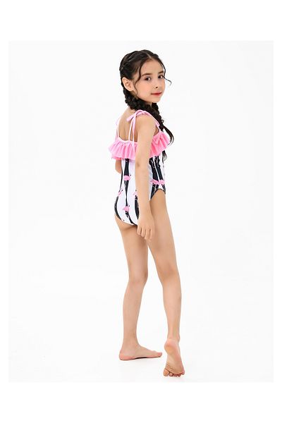 SAPS Flamingo & Striped Quick Drying Singlet Neck Sleeveless Frilled V Cut Swimsuit-Black/Pink/White