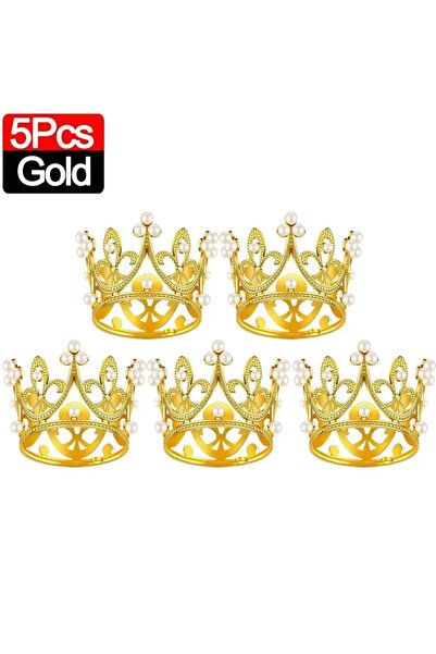 Choice15 ٥ قطع - تاج ذهبي صغير من اللؤلؤ لتزيين الكيك والكب كيك، زينة شعر للأ...