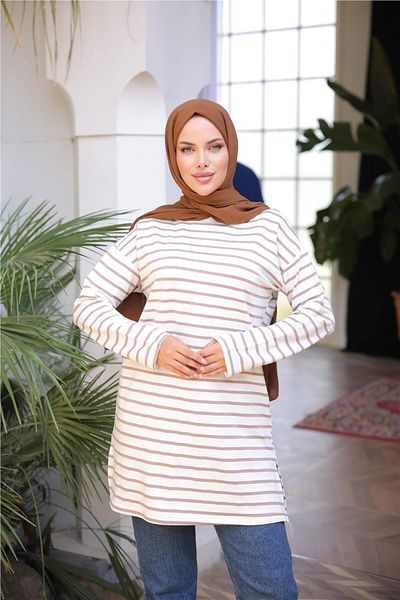 Bwest O Neck Horizontal Striped Long Sleeve Short Slit Tunic - (38-46) - 71295 - Mink