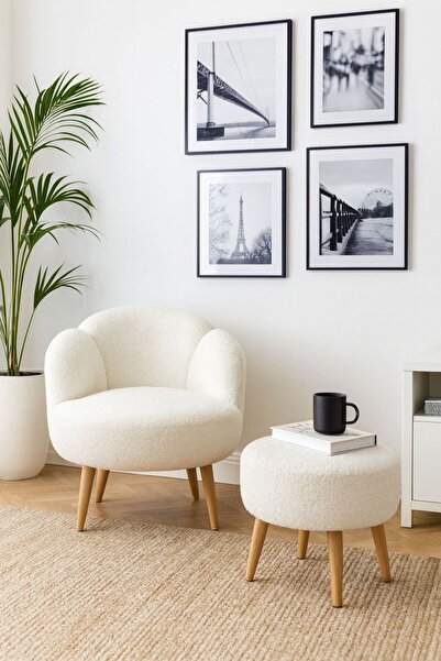 WEBPANYA Retro Ağaç Ayak Çay Seti Tekli Koltuk Berjer (SALON, BALKON, OFİS) PUF HEDİYELİ