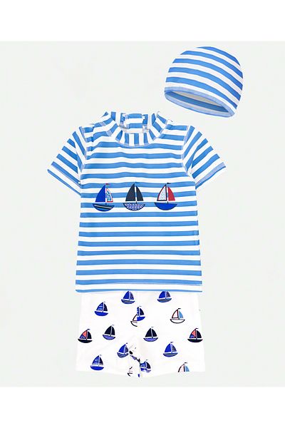 SAPS Striped Sun Top With Boat Printed Swim Shorts and Cap - White/Blue