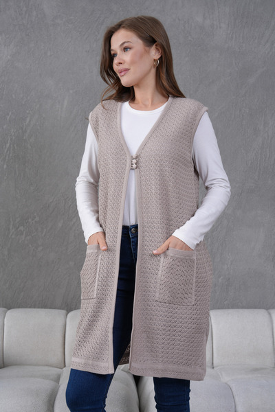 Lamierra Knitwear Openwork Mercerized Large Size Long Vest