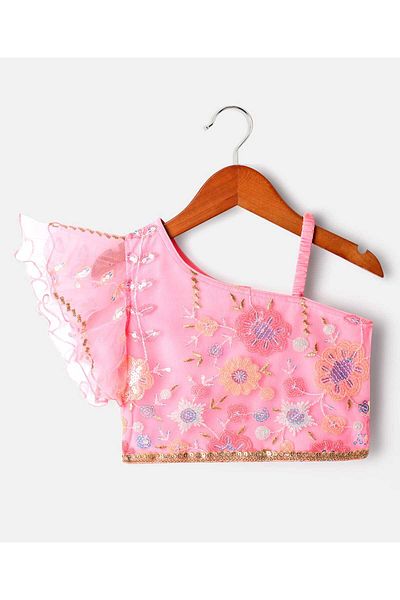 Babyhug Net Woven Off Shoulder Floral Sequenced Embroidered Choli Lehenga Set With Dupatta - Pink