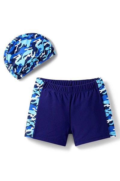 Pine kids Pine Kids Mid Thigh Length Abstract Print Swimming Shorts with Cap - Navy Blue