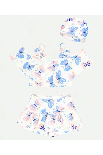 SAPS All Over Butterfly Printed Sun Top With Swim Shorts and Cap - White
