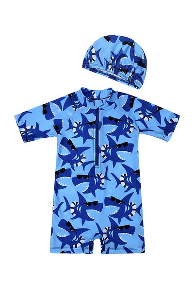 SAPS Shark Printed Legged Swimsuit With Cap - Blue