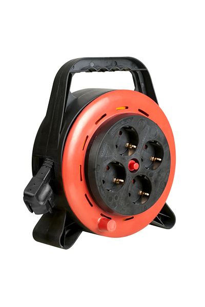 Bachmann extension cord with reel, 4 Schuko sockets, with thermal fuse, H05VV-F3G1mm², 10m