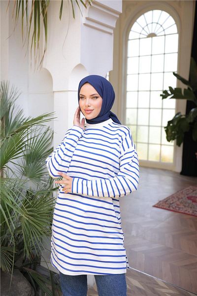 Bwest O Neck Horizontal Striped Long Sleeve Short Slit Tunic - (38-46) - 71295 - Saks