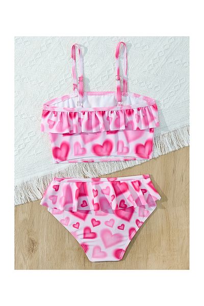 SAPS Hearts Quick Drying Cold Shoulder Frilled Sleeveless Sun Top & Swim Panties Set-Fuchsia