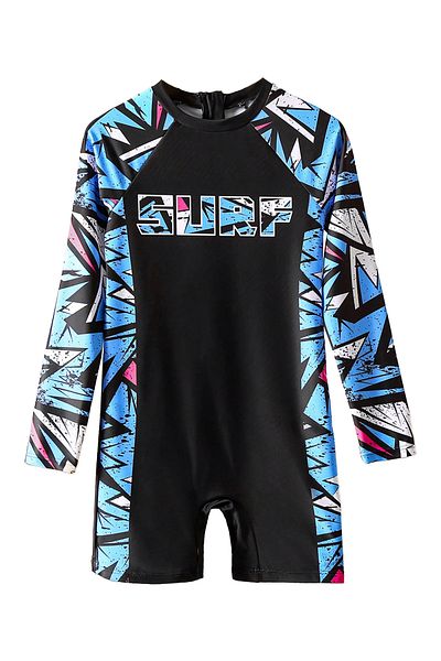SAPS Surf Print Quick Drying Full Sleeves Legged Swimsuit - Black & Blue