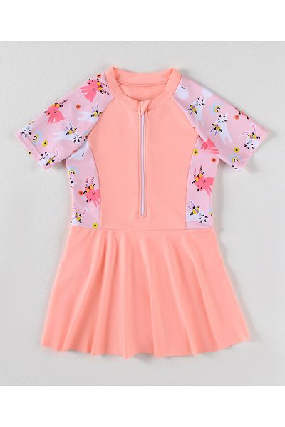 Pine kids Half Raglan Sleeves Frock Swimsuit With Rabbits Print - Peach