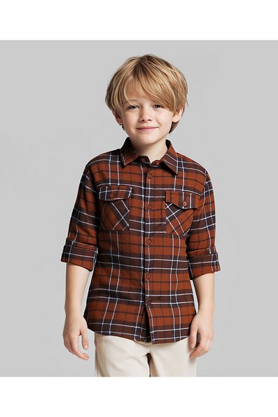 Primo Gino Primo Gino Boys Flannel Fabric Full Sleeve Check Shirt - Brown
