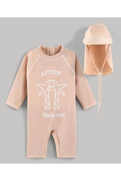 SAPS Palm Tree Printed Full Sleeves Quick Drying Legged Swimsuit with Swimming Cap - Beige