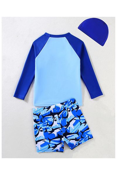 SAPS Shark Printed Swim T-Shirt and Shorts Set with Cap - Blue