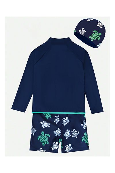 SAPS Momasong Printed Sun Top With Tortoise Printed Swim Shorts and Cap - Blue
