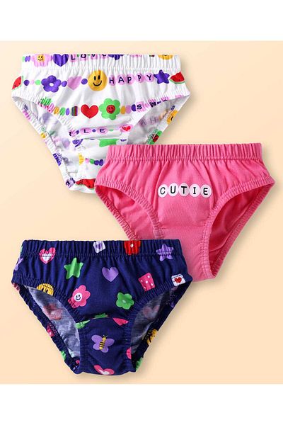 Babyhug 100% Cotton Knit Panties with Floral Print Pack of 3 - Pink Navy Blue & White