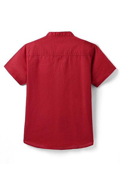 Pine kids Linen Woven Half Sleeves Solid Colour Shirt With Mandarin Collar - Maroon