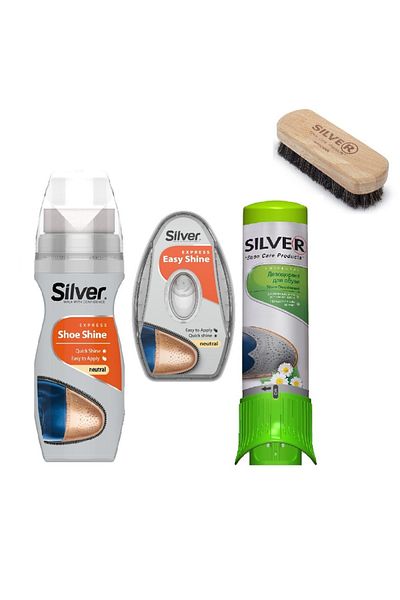 Silver Premium kit for leather goods: liquid cream, sponge, brush, deodorant