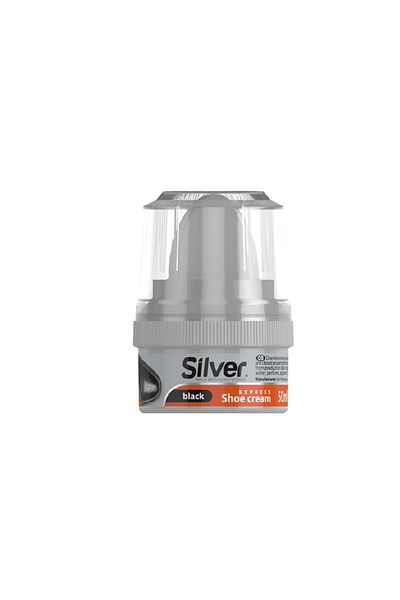 Silver Set of 4 shoe creams and horsehair cleaning brush, Silver, 200 ml, black