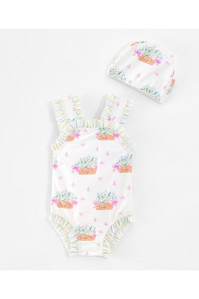 SAPS Flower Basket Printed V Cut Swimsuit With Cap - White