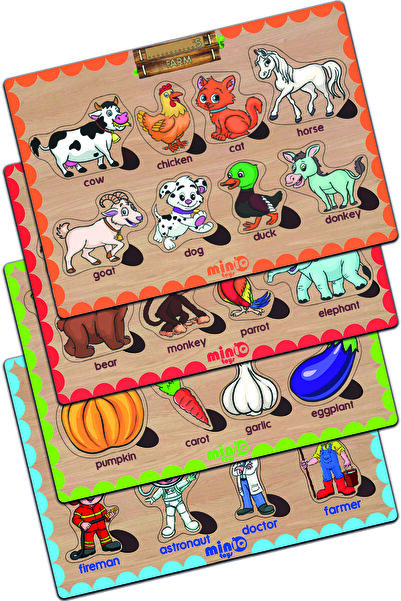 minİQ toys Ahşap Ingilizce Ciftlik Hayv.-Orman Hayv.-Sebzeler-Meslekler 4’lü ...