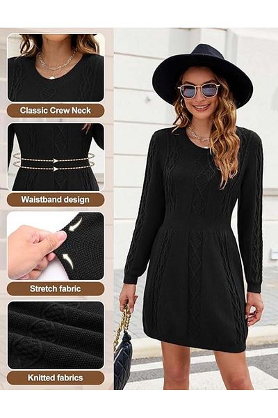 OEM Rochie casual tricotată pentru femei, peste genunchi, cu mâneci lungi, neagră, mărimea M