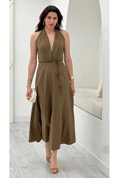 ARSOUS ATELIER BOYUNDAN BAGLAMALI KETEN MİDİ ELBİSE