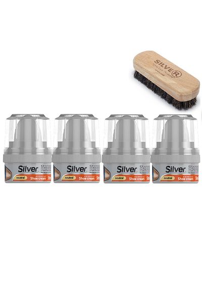 Silver Set of 4 shoe creams and horsehair cleaning brush, Silver, 200 ml, colorless
