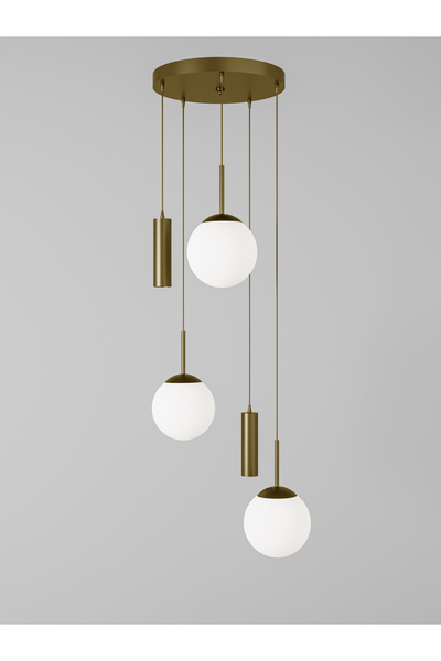 avizade VİENNA Modern Eskitme Metal Gövdeli 5'li Sarkıt Avize - 3 Beyaz Cam Küre 2 Led Spot, E27 Duy-G10 Duy