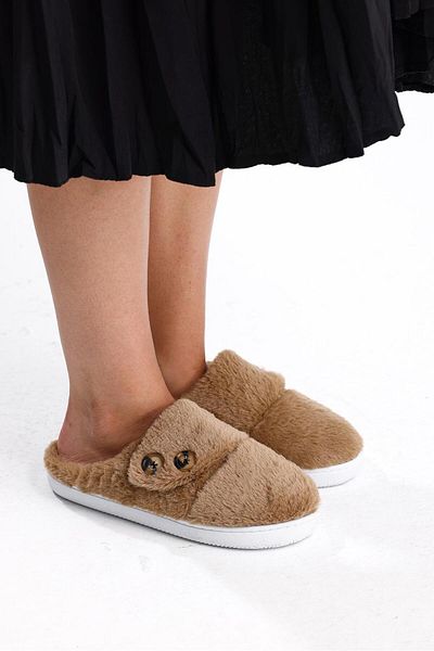 NOVİNS Women's Plush Button Detailed Comfortable Flexible Soled Washable House Slippers Dowry Slippers