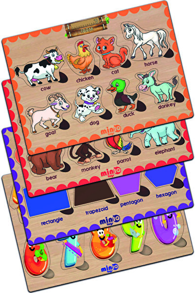 minİQ toys Ahşap Ingilizce Ciftlik Hayv.-Orman Hayv.-Sekiller-Sayilar 4’lü Set Eğitici-öğretici Yapboz