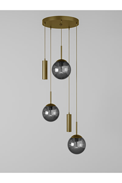 avizade VİENNA Modern Eskitme Metal Gövdeli 5'li Sarkıt Avize - 3 Füme Cam Küre 2 Led Spot, E27 Duy-G10 Duy