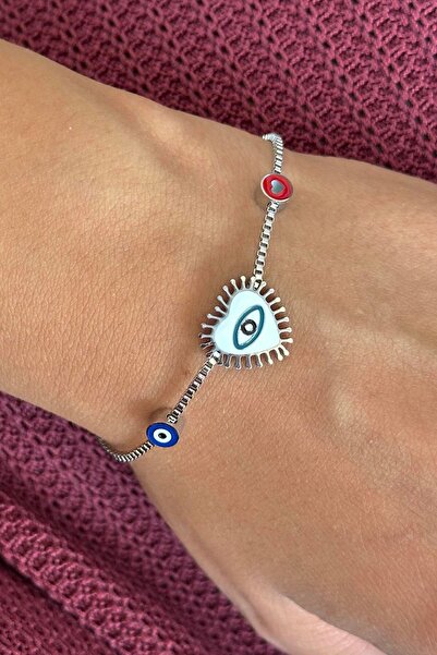 TAKIŞTIR Silver Color Heart Figured Eye Detailed Steel Bracelet