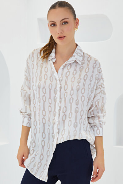 Merterium Cămașă oversize din satin pentru femei, alb bej 1070