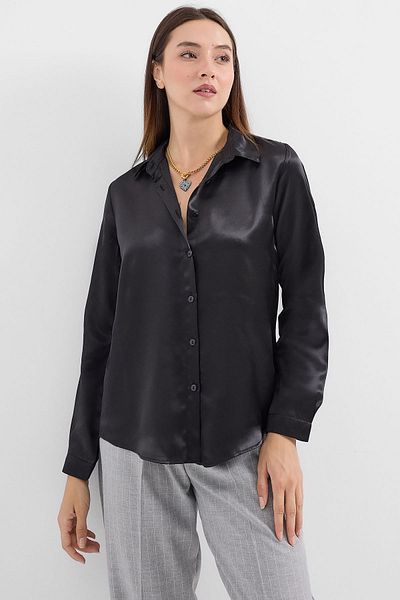 Merterium Women's Flowy Satin Shirt Black 1069