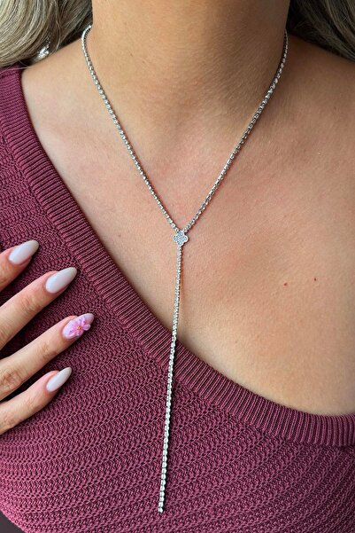TAKIŞTIR Silver Color Clover Figured Stone Detailed Y Necklace